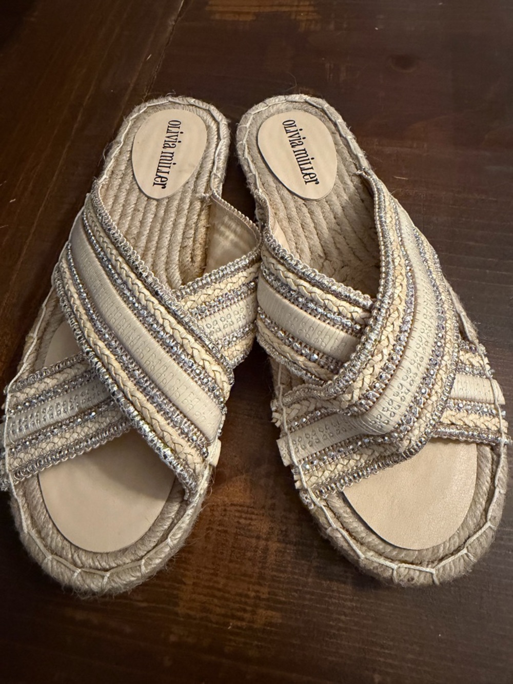 Olivia Miller Cream Crisscross Beaded Espadrilles